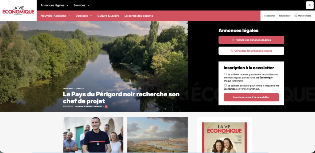 Page d'accueil de La Vie Économique avec article sur le Pays du Périgord noir et bloc annonces légales