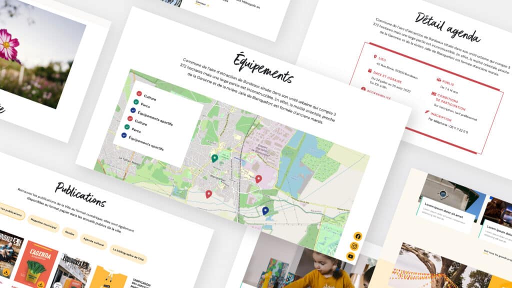 Collage : carte des équipements sportifs et culturels, détail d'un événement, publications municipales