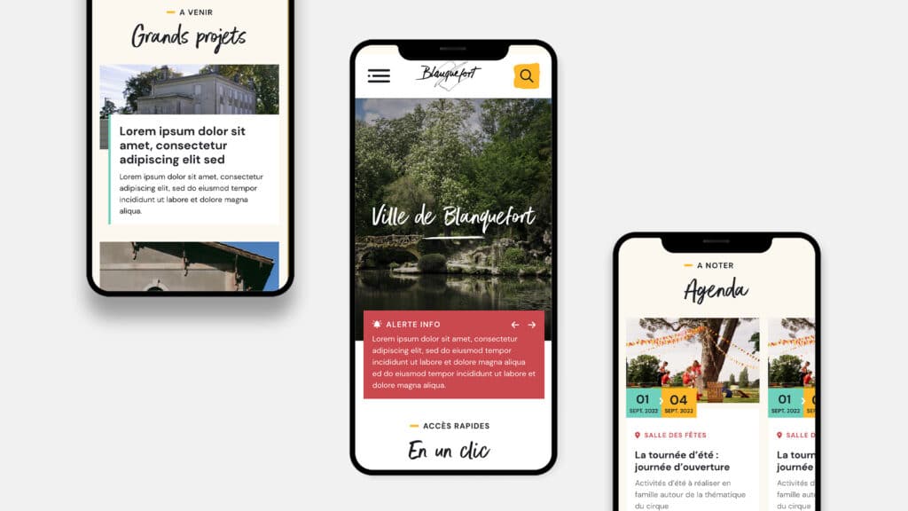 Trois smartphones affichant la page Grands projets, l'accueil avec alerte info et l'agenda