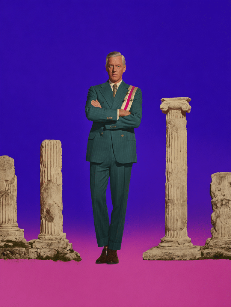 Homme en costume vert avec écharpe tricolore, bras croisés, entre colonnes antiques, fond violet/rose