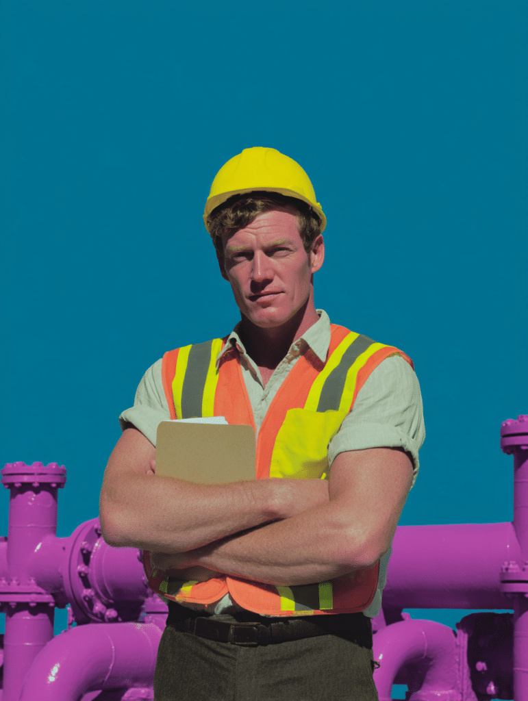 Homme en casque de chantier jaune et gilet haute visibilité orange, bras croisés, devant des canalisations violettes sur fond bleu