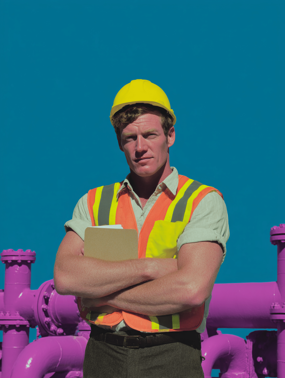 Homme en casque de chantier jaune et gilet haute visibilité orange, bras croisés, devant des canalisations violettes sur fond bleu
