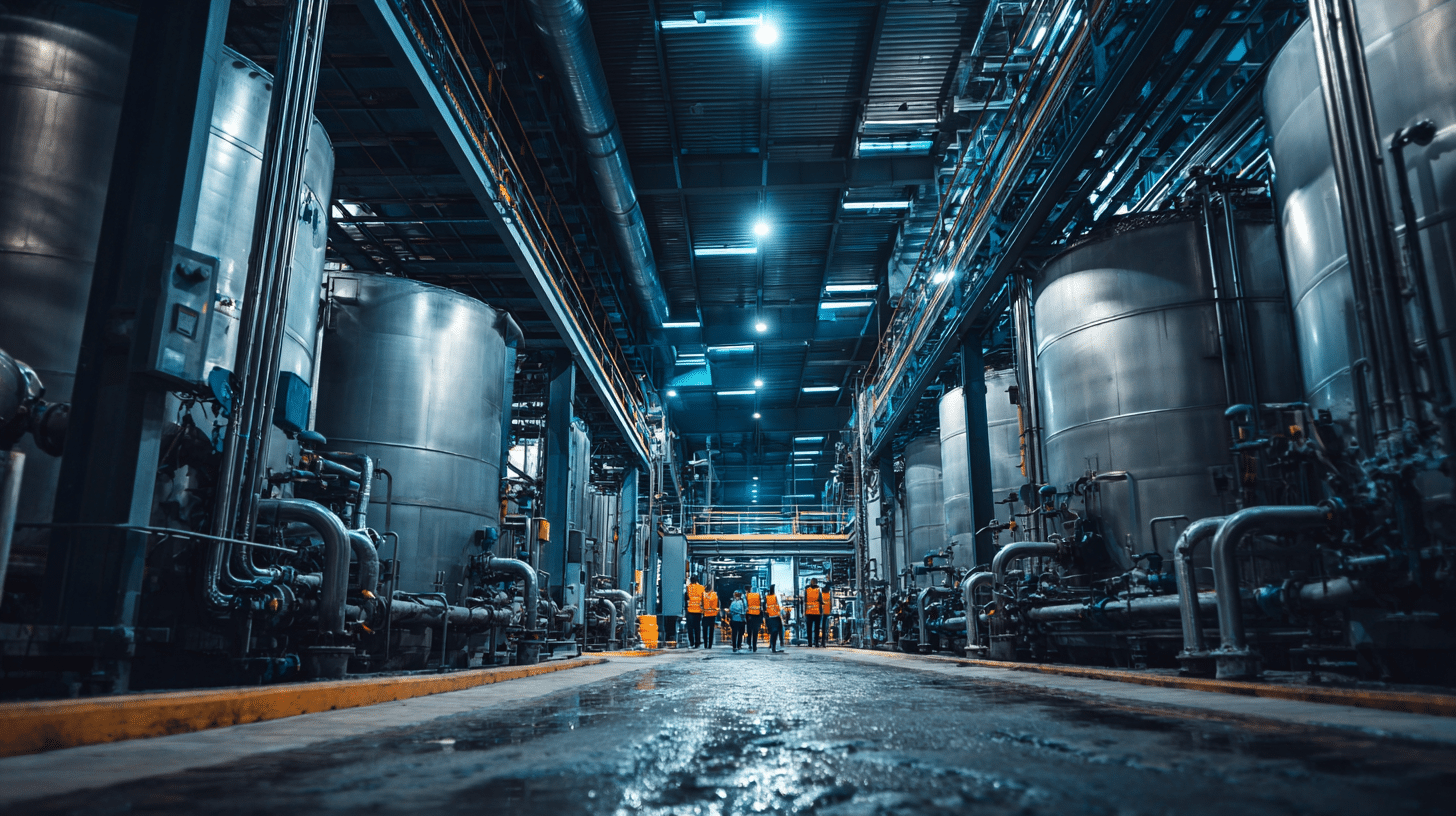 Intérieur d'usine avec cuves métalliques et techniciens en gilets orange
