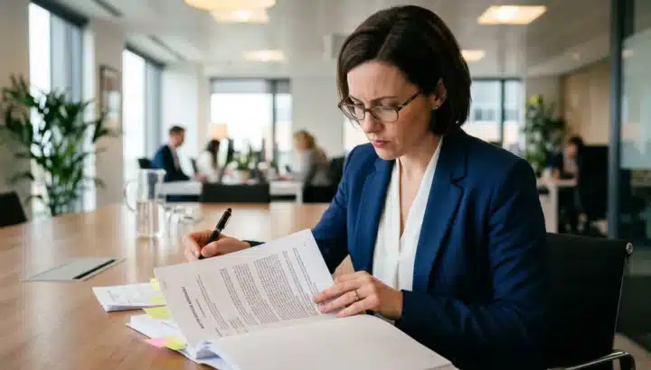 Directrice technique lisant un contrat