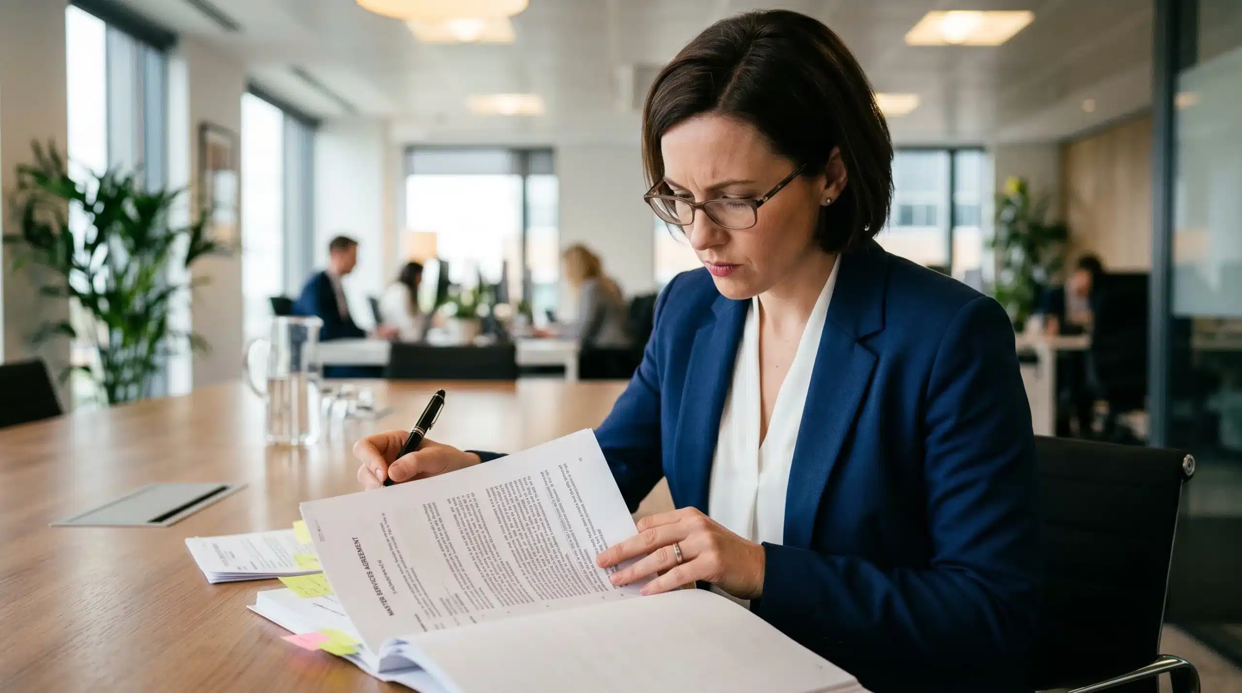 Directrice technique lisant un contrat