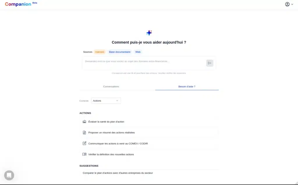 Écran d'accueil Companion avec sources de données et suggestions d'actions liées au plan d'actions ESG