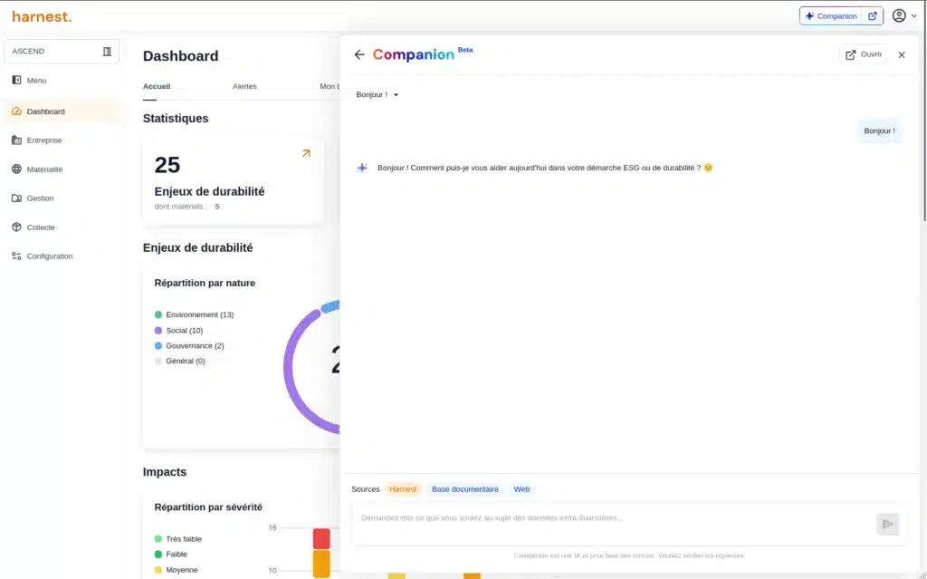 Panneau de chat Companion IA ouvert à droite du dashboard, réponse sur la démarche ESG