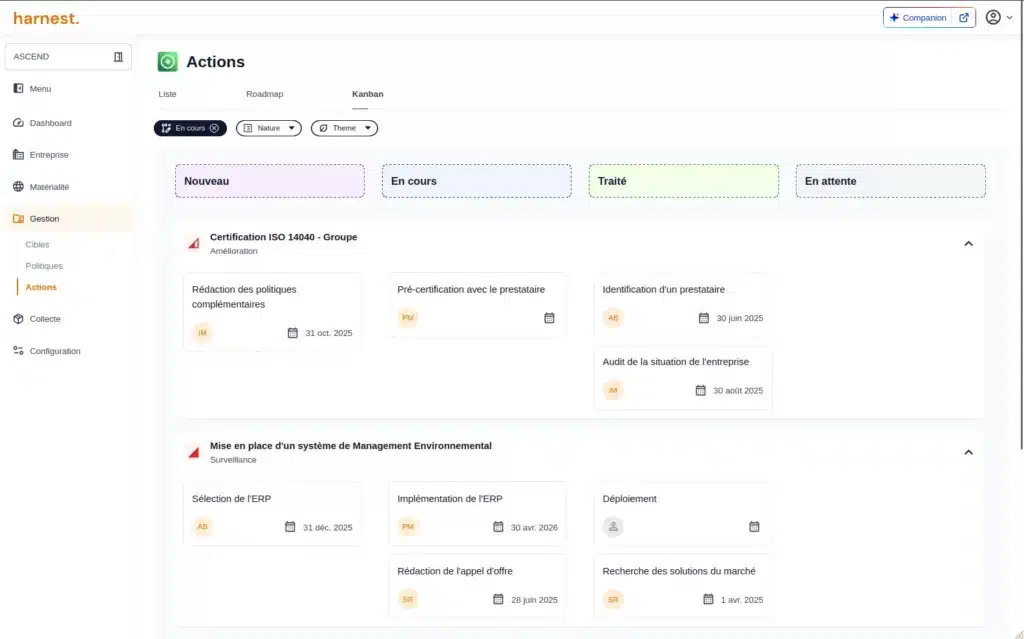 Tableau Kanban des actions : nouveau, en cours, traité, en attente, avec certifications et systèmes de management environnemental