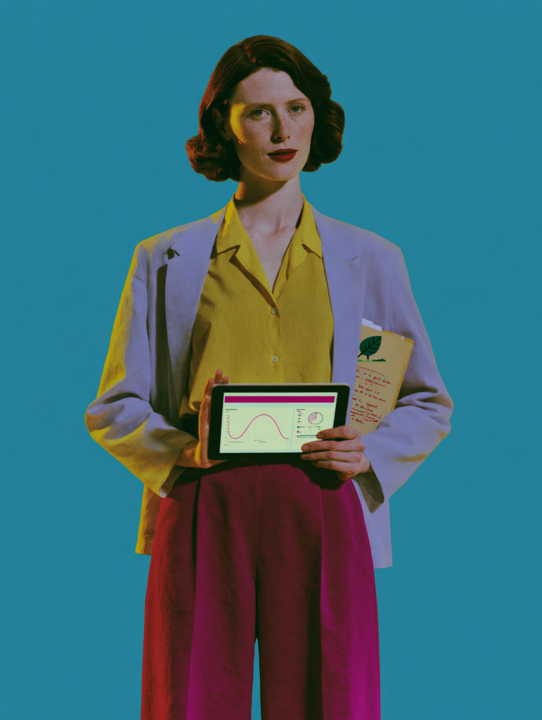 Femme en blazer lilas et chemise jaune tenant une tablette affichant un graphique et un dossier avec feuille, fond bleu