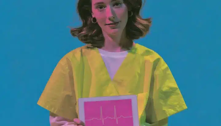 Femme en blouse médicale jaune tenant une tablette affichant un tracé d'électrocardiogramme rose, fond bleu