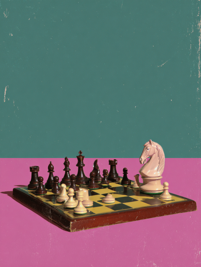 Nature morte éditoriale d'un jeu d'échecs avec cavalier surdimensionné