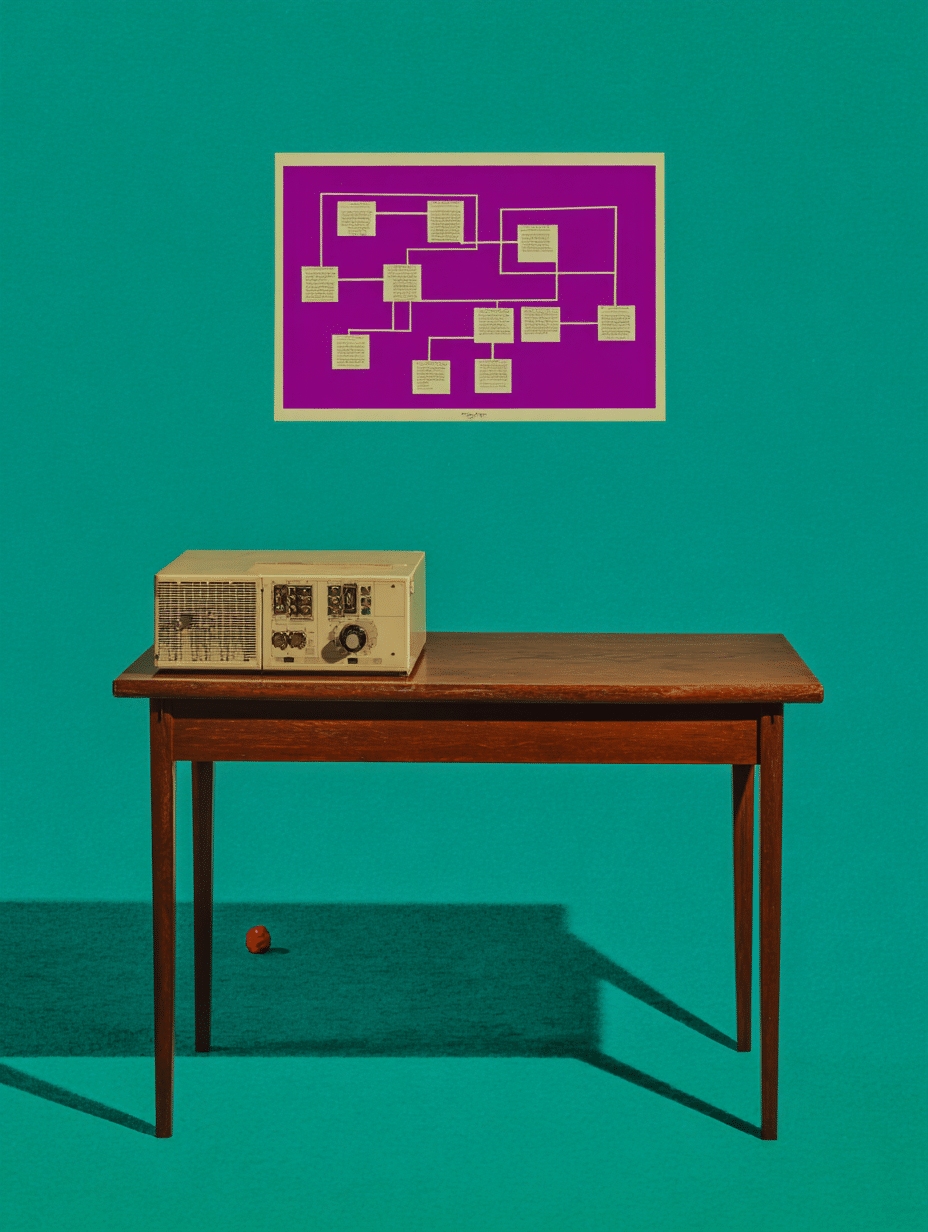 Nature morte d'un serveur vintage et d'un schéma d'architecture technique encadré, phase setup et audit d'architecture, infogérance serveur Mink