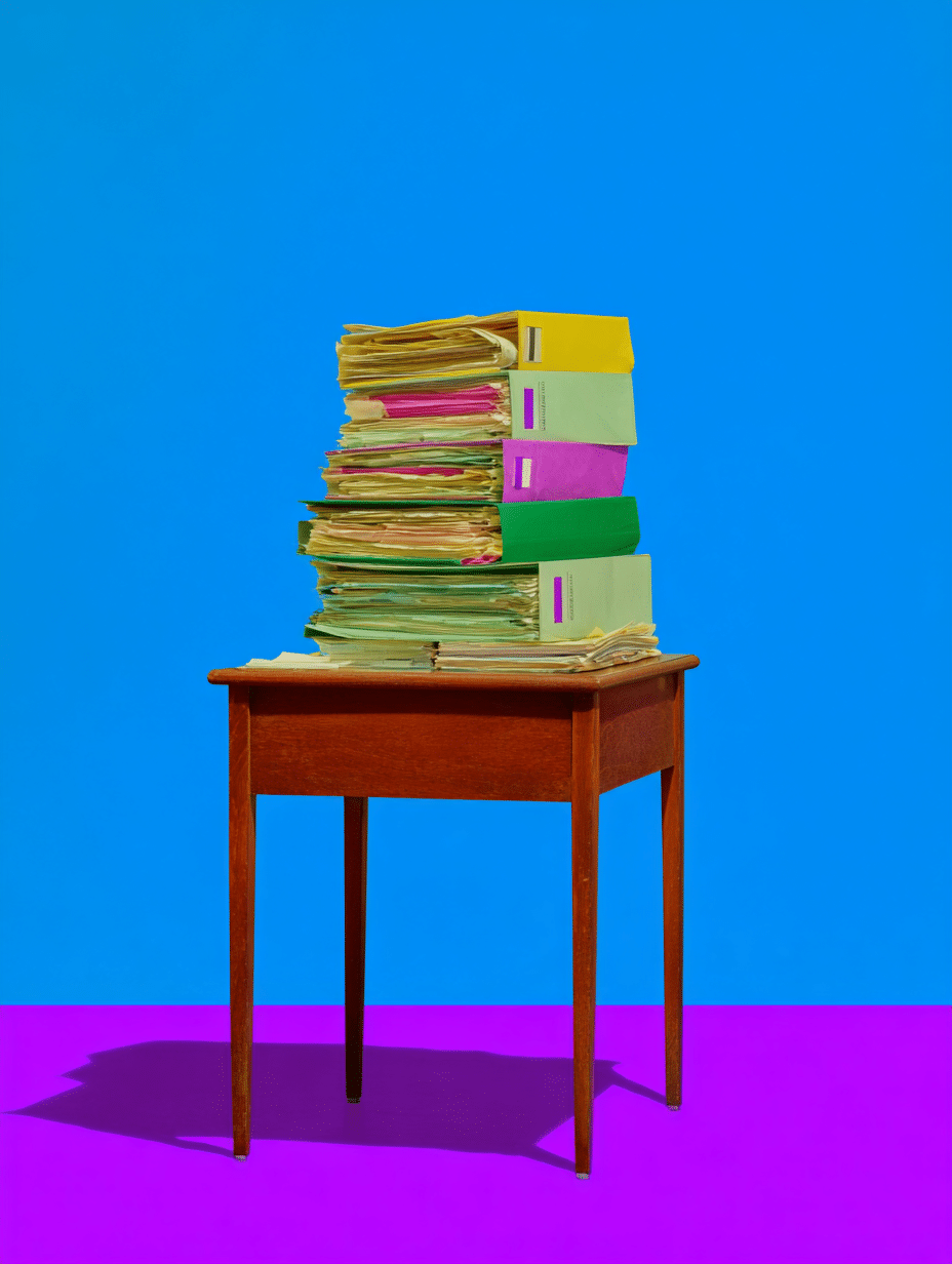 Pile de classeurs documentaires colorés, illustration de la réversibilité et transmission de documentation, infogérance serveur Mink