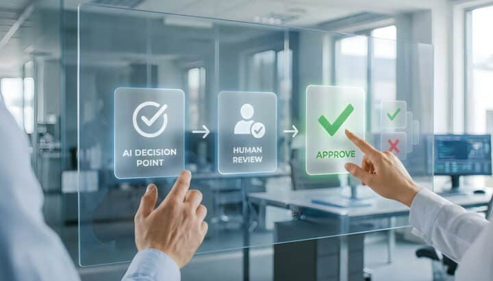 Mains touchant un écran holographique affichant les étapes "AI Decision Point", "Human Review" et "Approve" avec coche verte