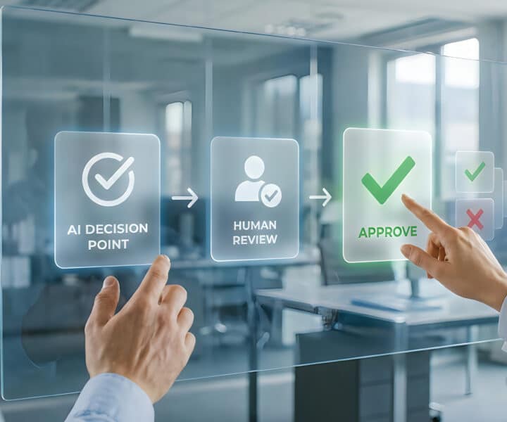 Mains touchant un écran holographique affichant les étapes "AI Decision Point", "Human Review" et "Approve" avec coche verte