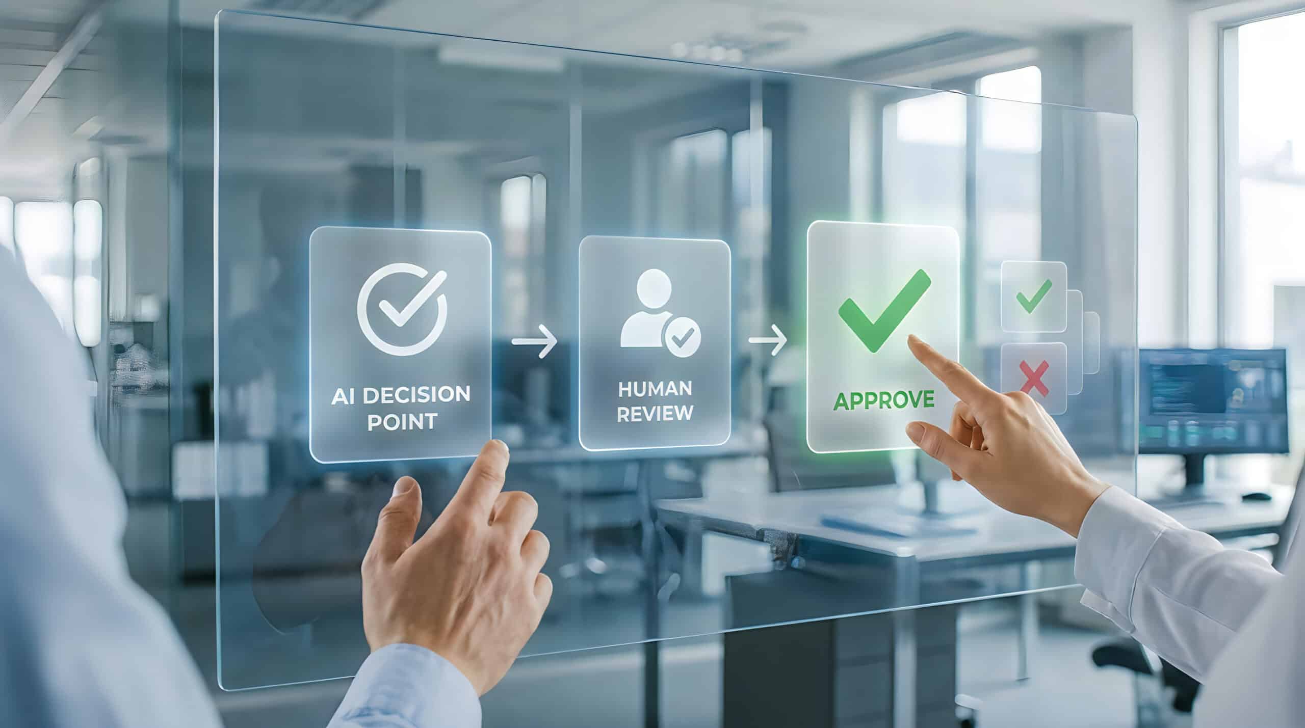 Mains touchant un écran holographique affichant les étapes "AI Decision Point", "Human Review" et "Approve" avec coche verte