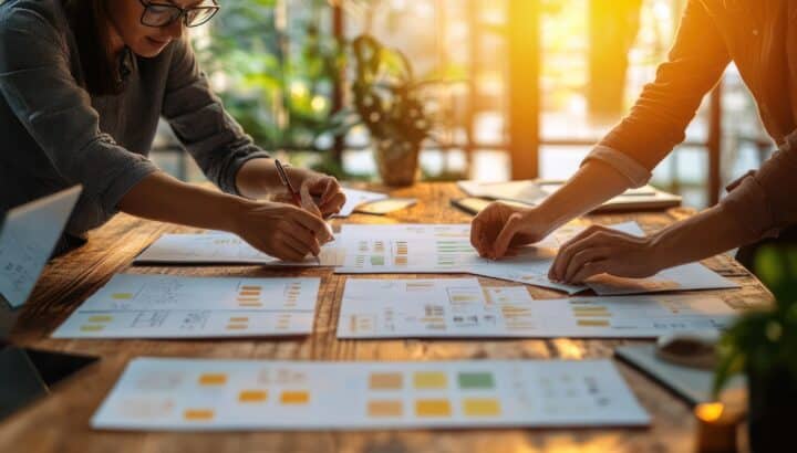 Deux personnes travaillant ensemble sur des wireframes papier annotés à la main, crayon en main, bureau en bois éclairé par la lumière du soir