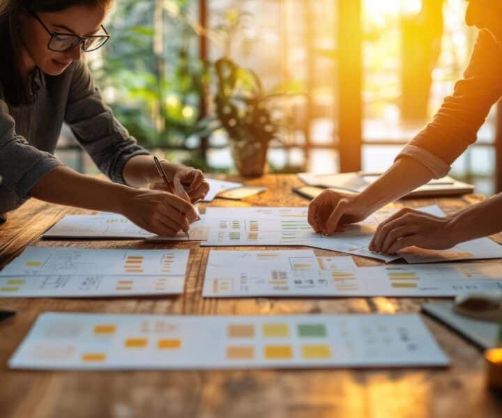 Deux personnes travaillant ensemble sur des wireframes papier annotés à la main, crayon en main, bureau en bois éclairé par la lumière du soir