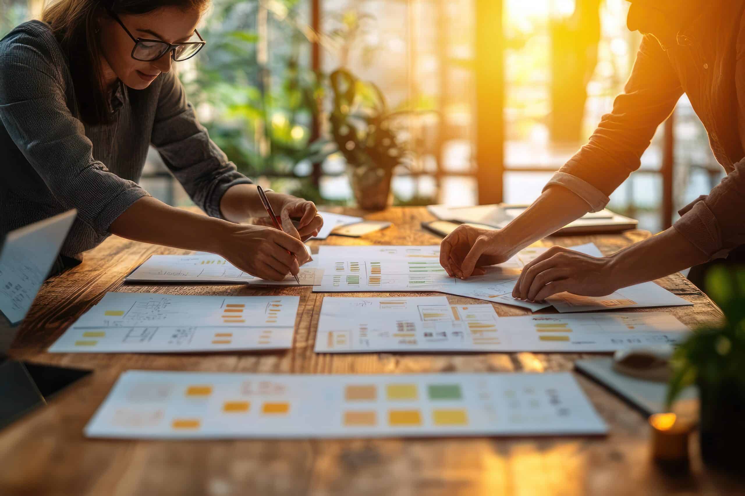 Deux personnes travaillant ensemble sur des wireframes papier annotés à la main, crayon en main, bureau en bois éclairé par la lumière du soir