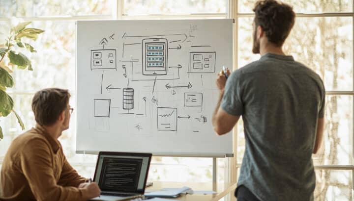 Deux développeurs discutant devant un tableau blanc couvert d'un schéma d'architecture applicative, ordinateur portable affichant du code posé sur la table