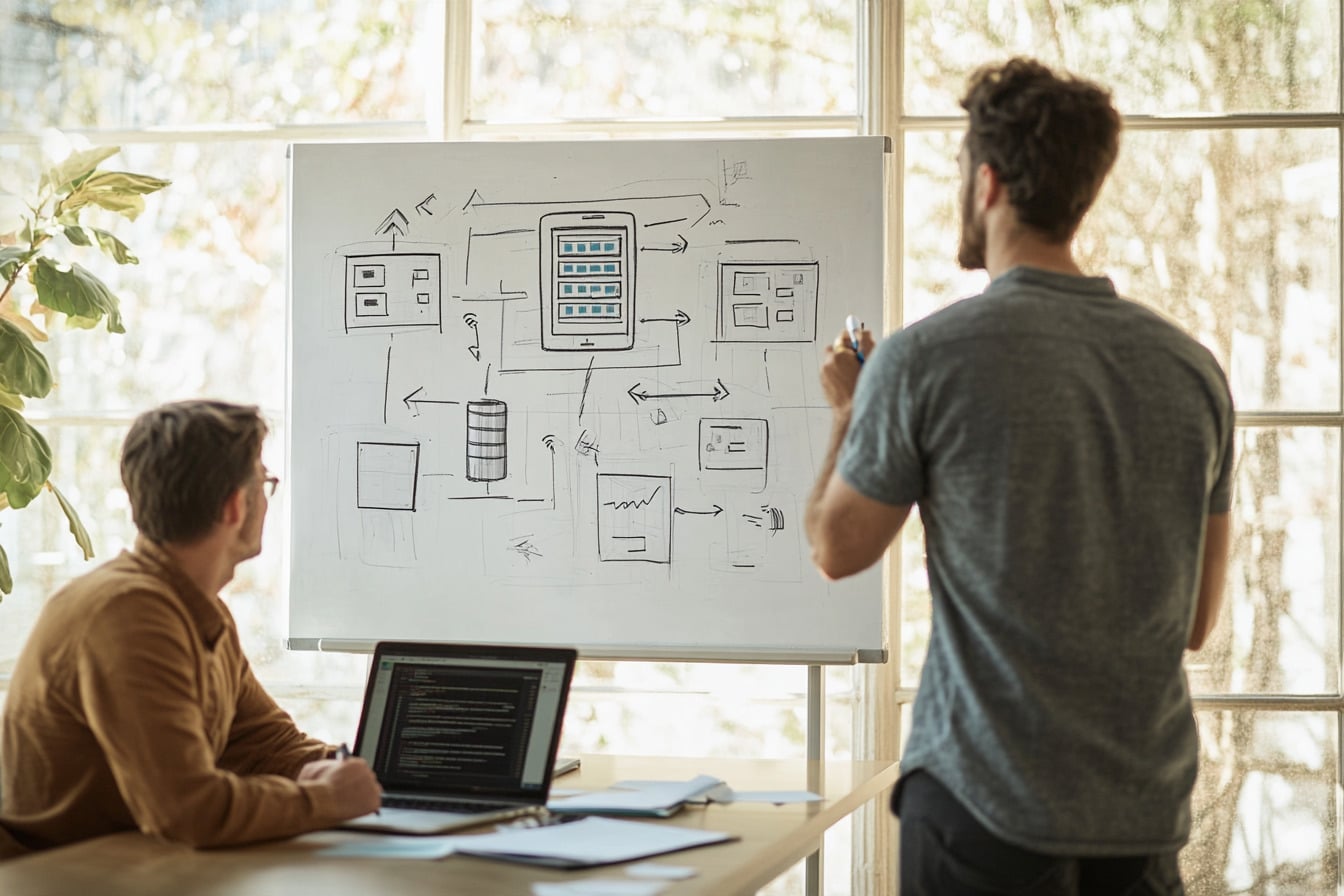 Deux développeurs discutant devant un tableau blanc couvert d'un schéma d'architecture applicative, ordinateur portable affichant du code posé sur la table
